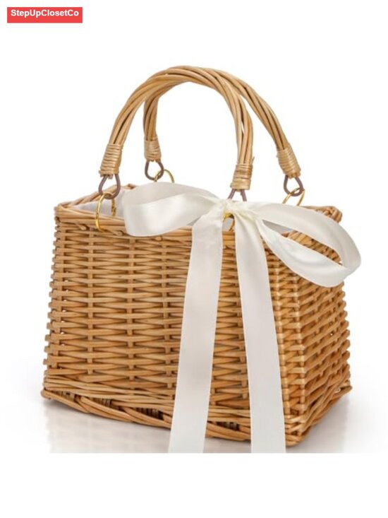 Handbags - Handwoven Rattan Handbag Wicker Rectangle Basket Purse Boho Beach Top Handle